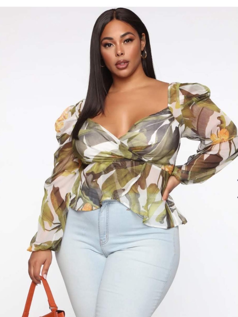 Fashion Nova Sheer Floral Peplum Top - Olive White Brown